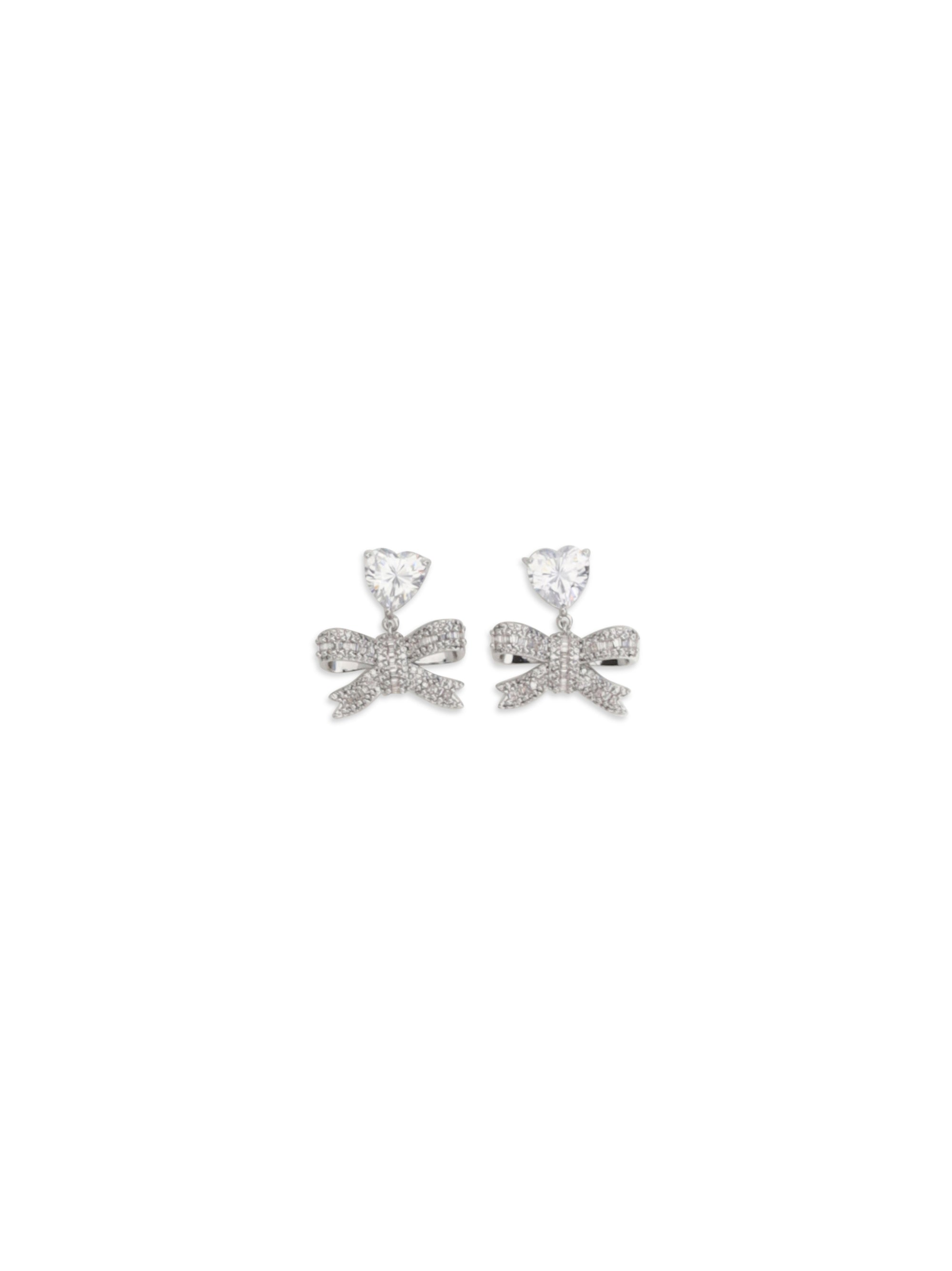 heart-shaped crystal bow drop earrings