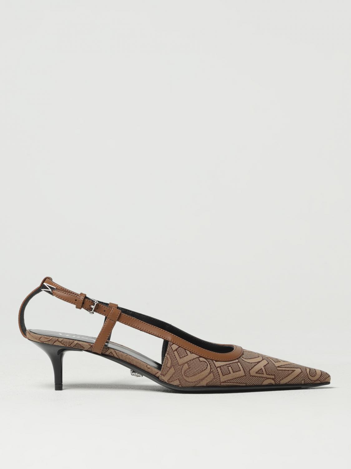 slingbacks in fabric with jacquard logo and leather