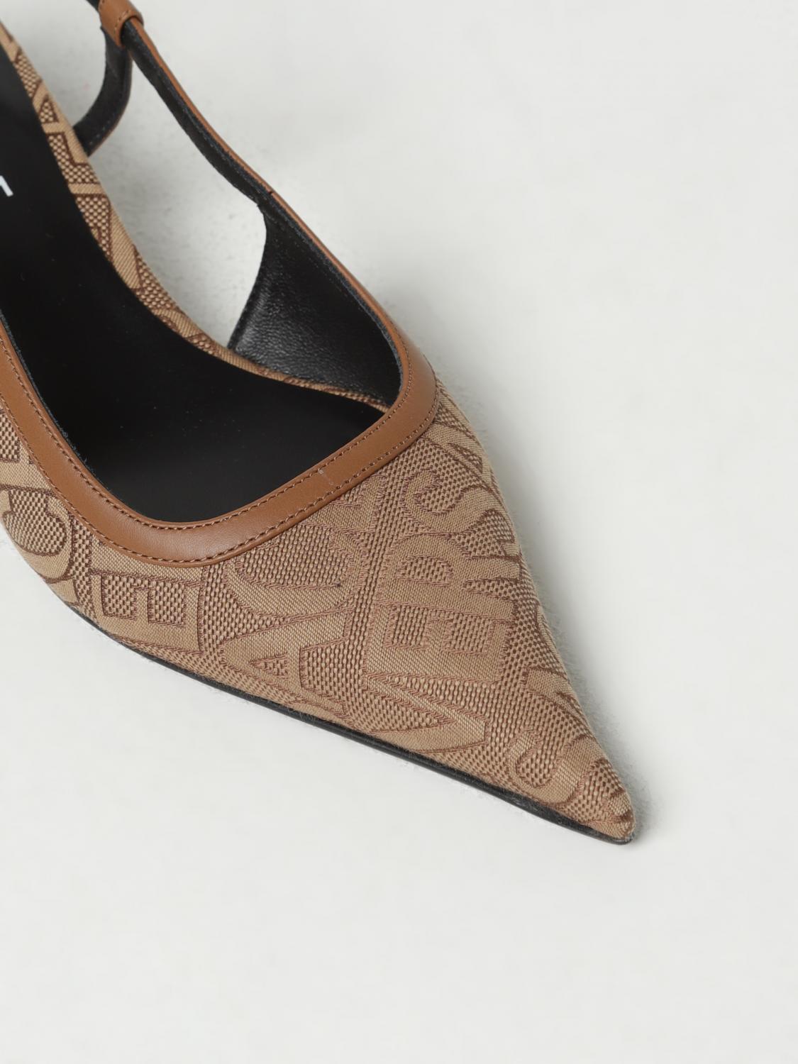 slingbacks in fabric with jacquard logo and leather