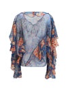 long-sleeve silk shirt with ruffles and floral motif