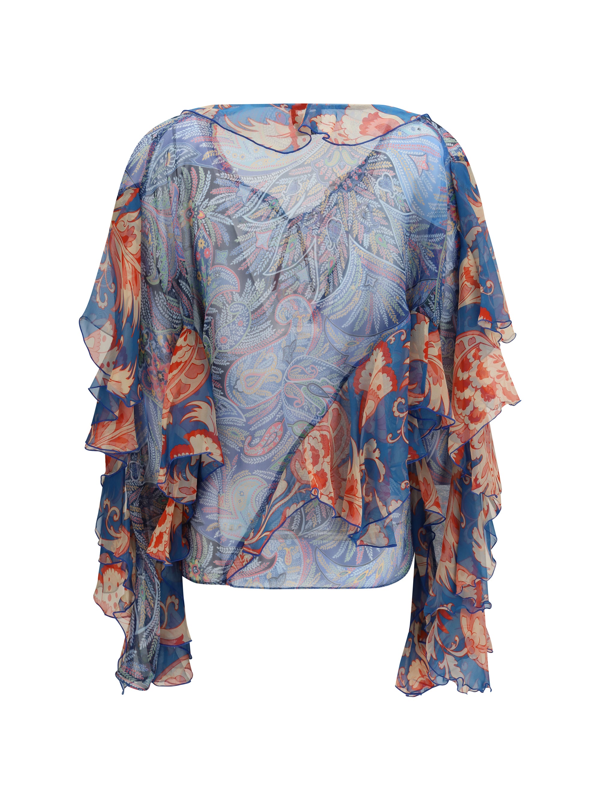 long-sleeve silk shirt with ruffles and floral motif
