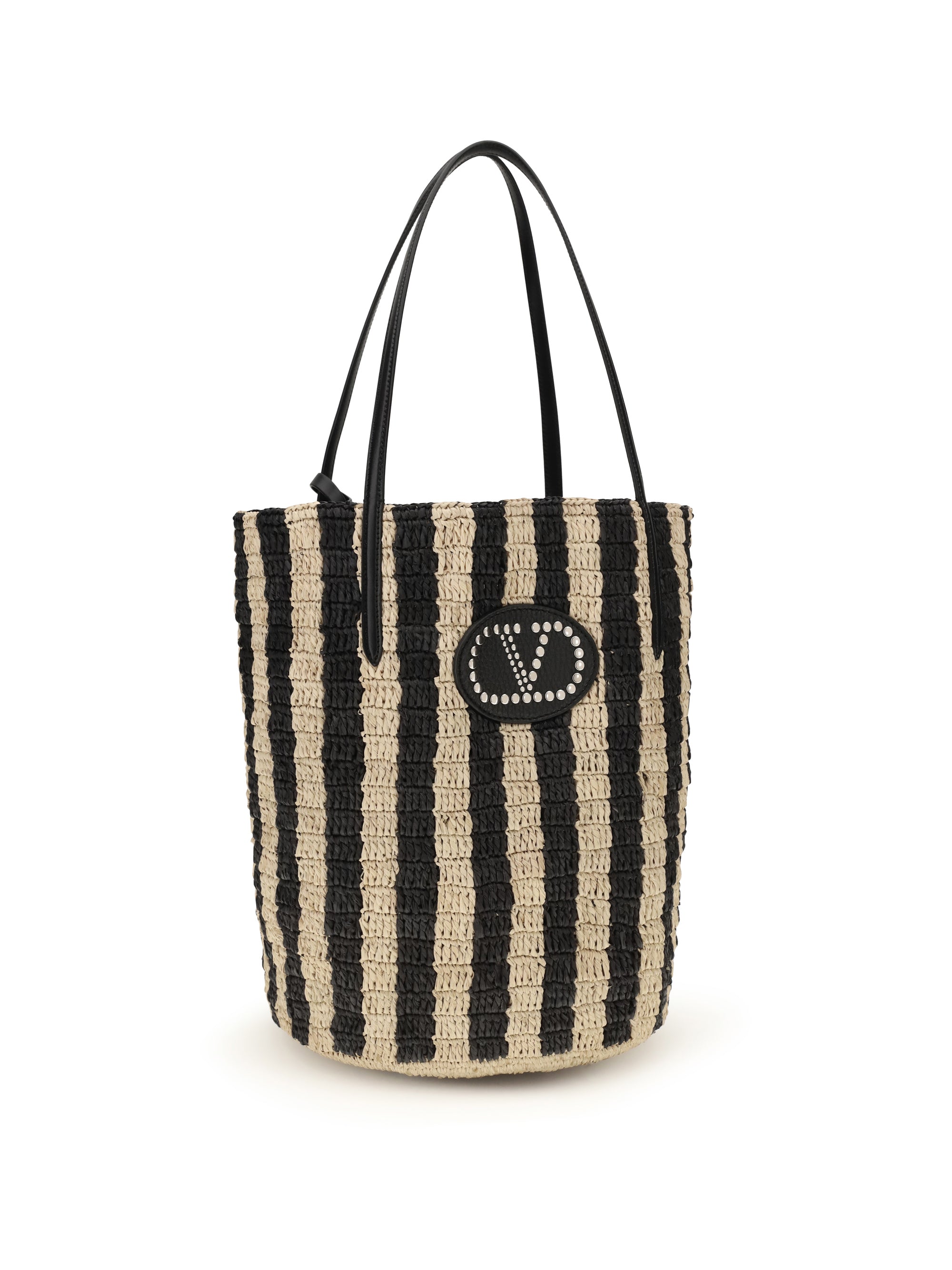 striped raffia bucket bag