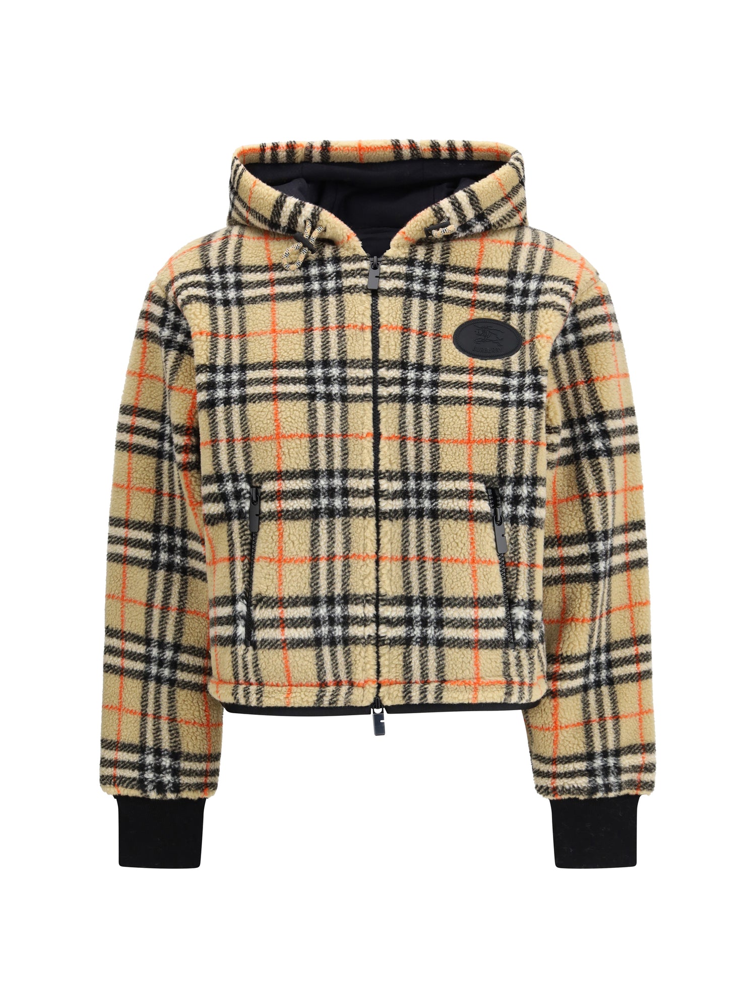 BURBERRY L cropped hooded check fleece jacket