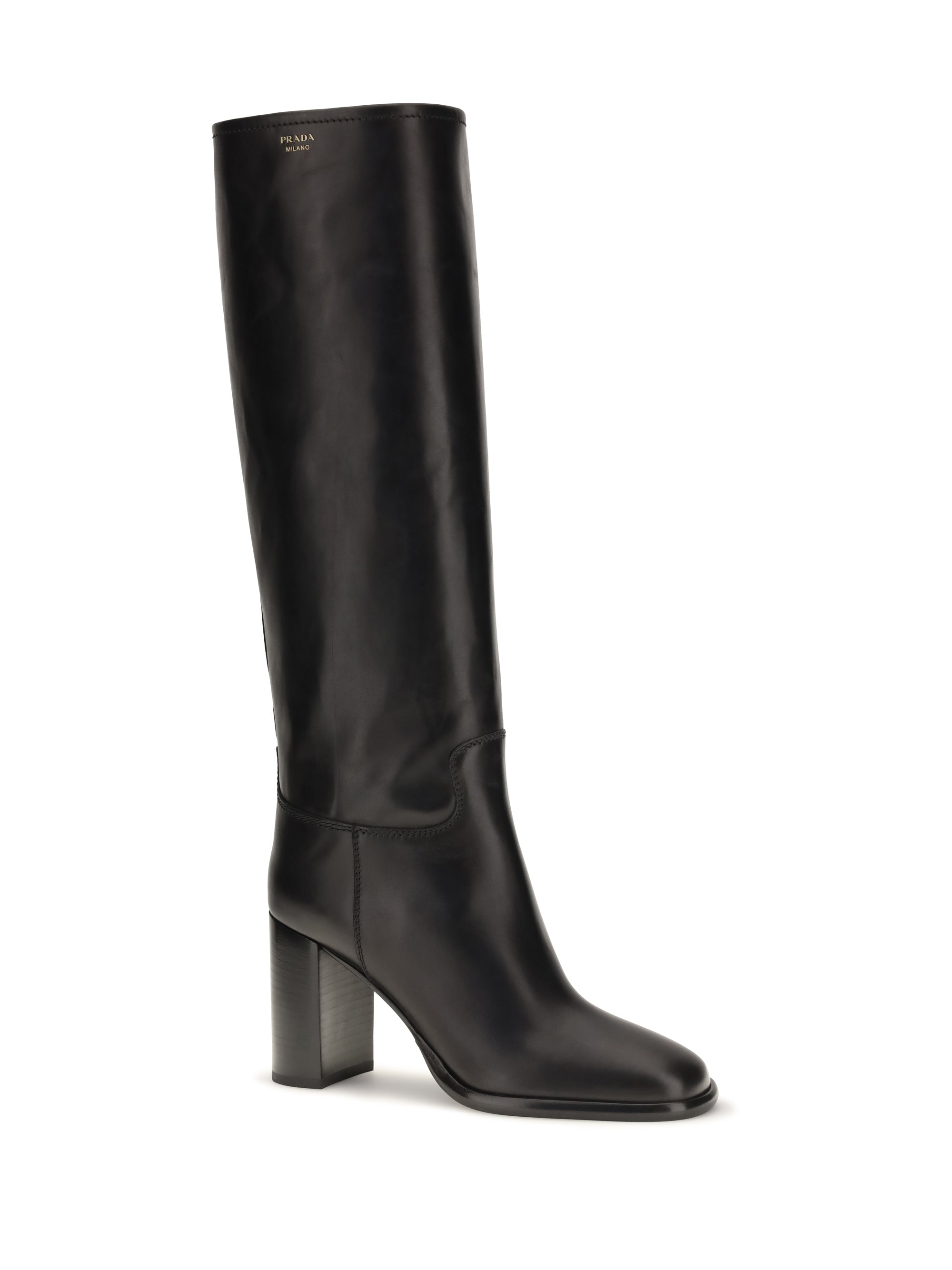 high leather boots with screen-printed logo