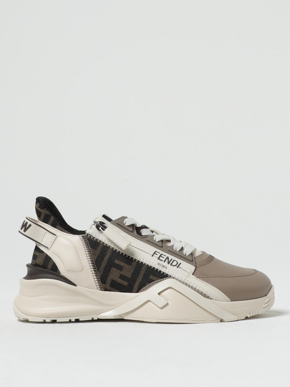 FENDI 36 flow leather and jacquard fabric sneakers with zip