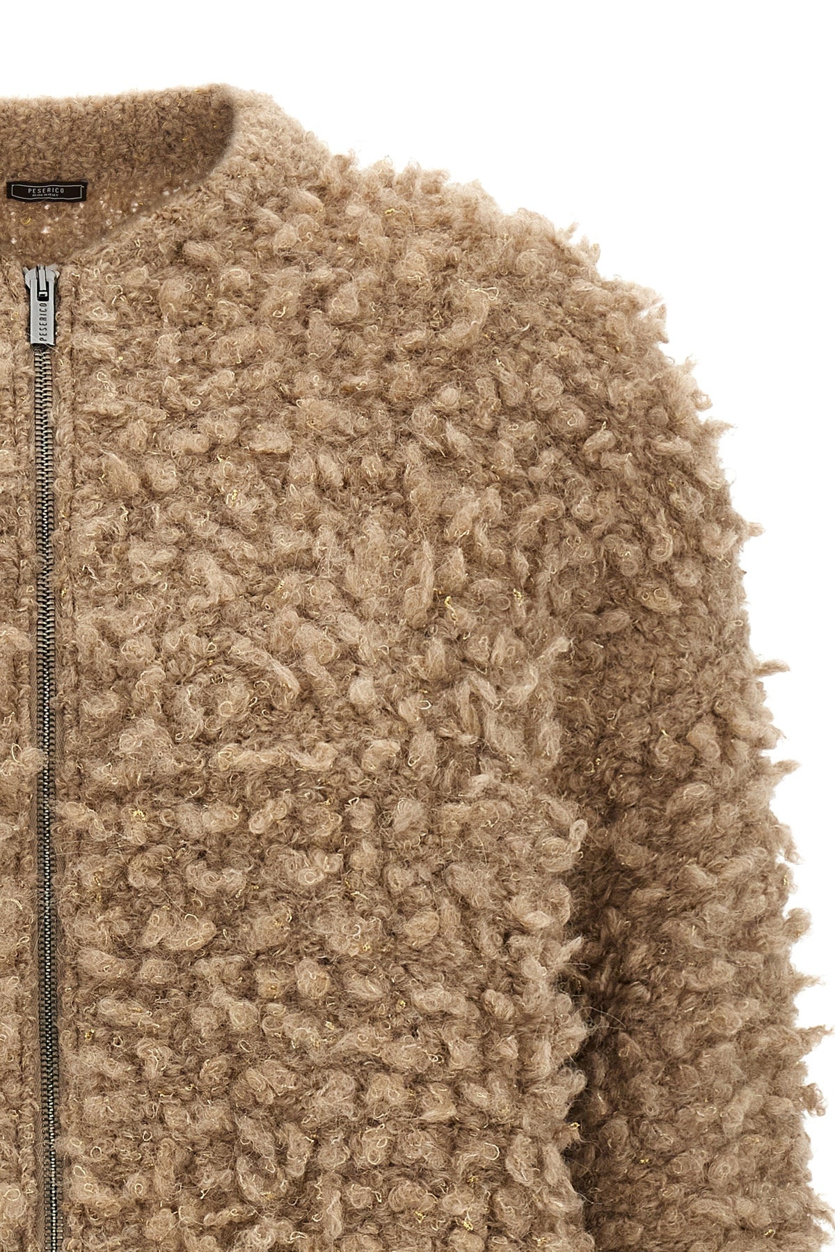 the peserico bomber jacket redefines the codes of knitwear through material volu