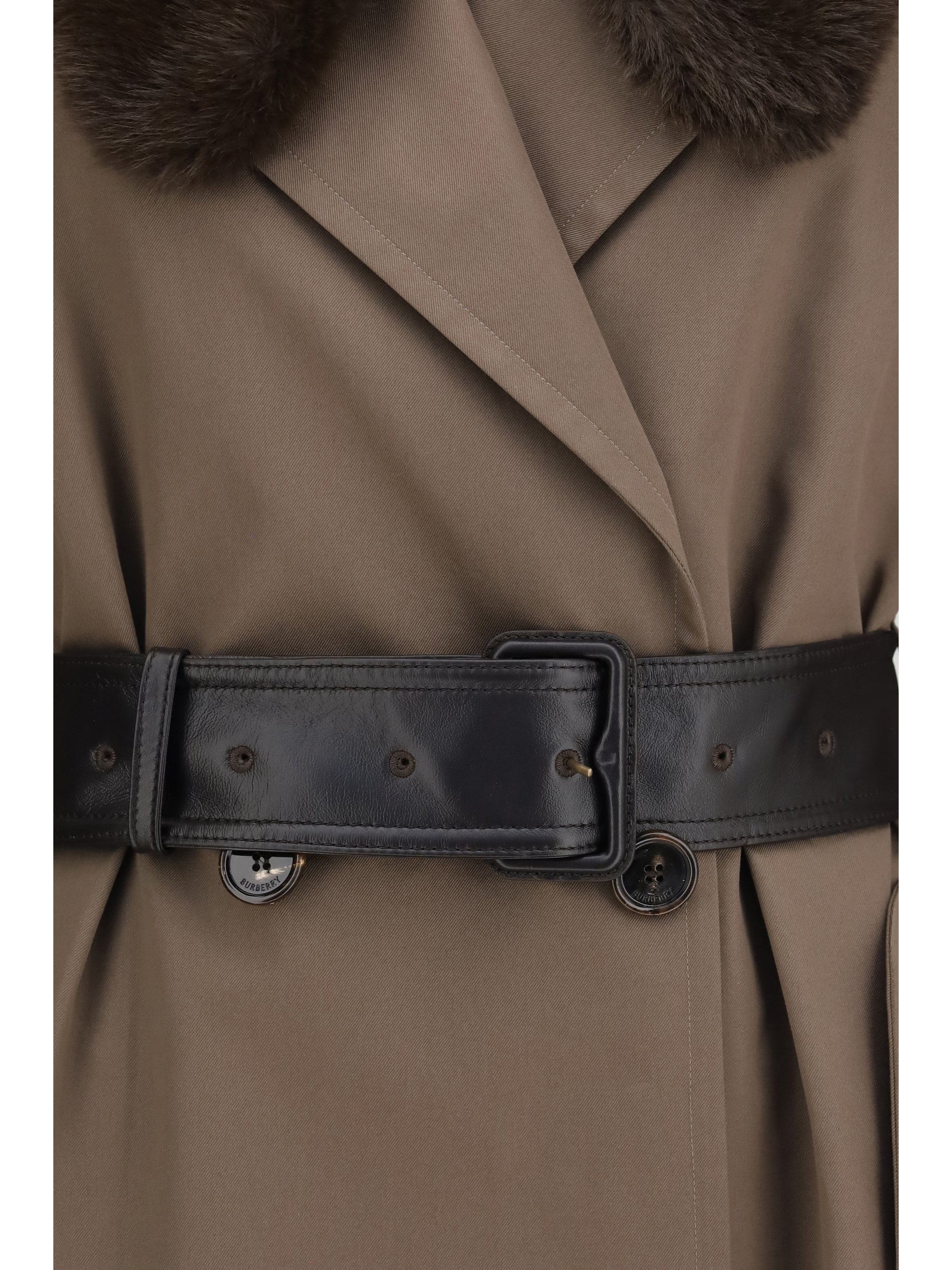 long cotton trench coat with buffalo leather collar