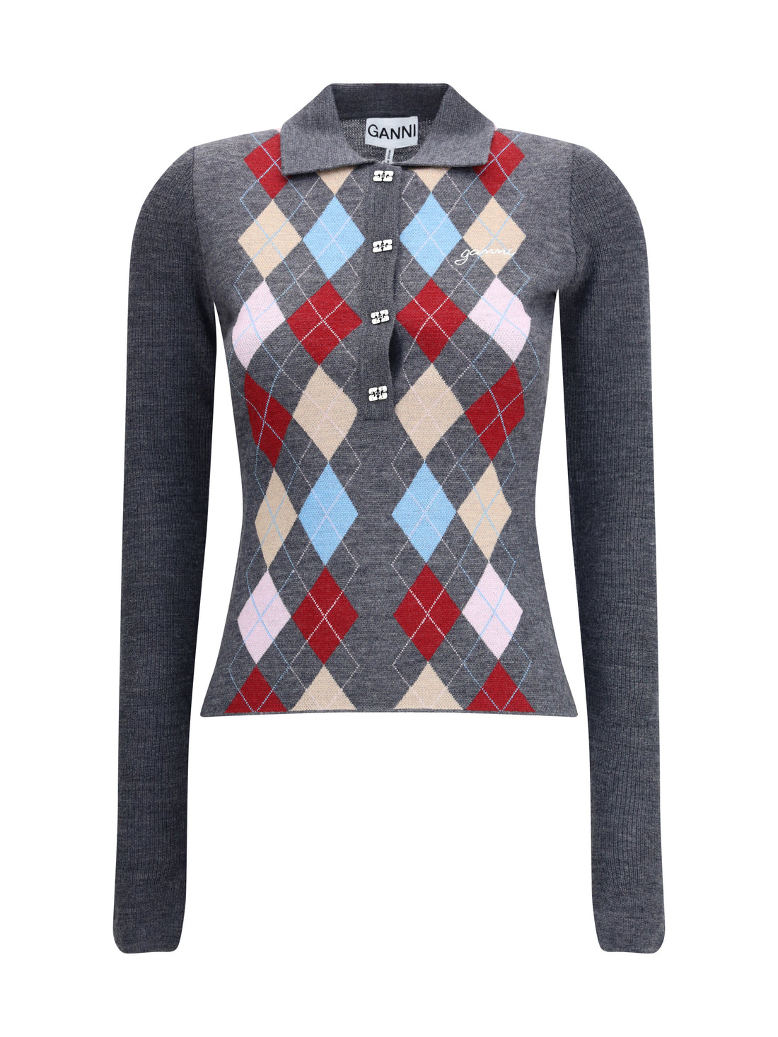 GANNI M print polo sweater