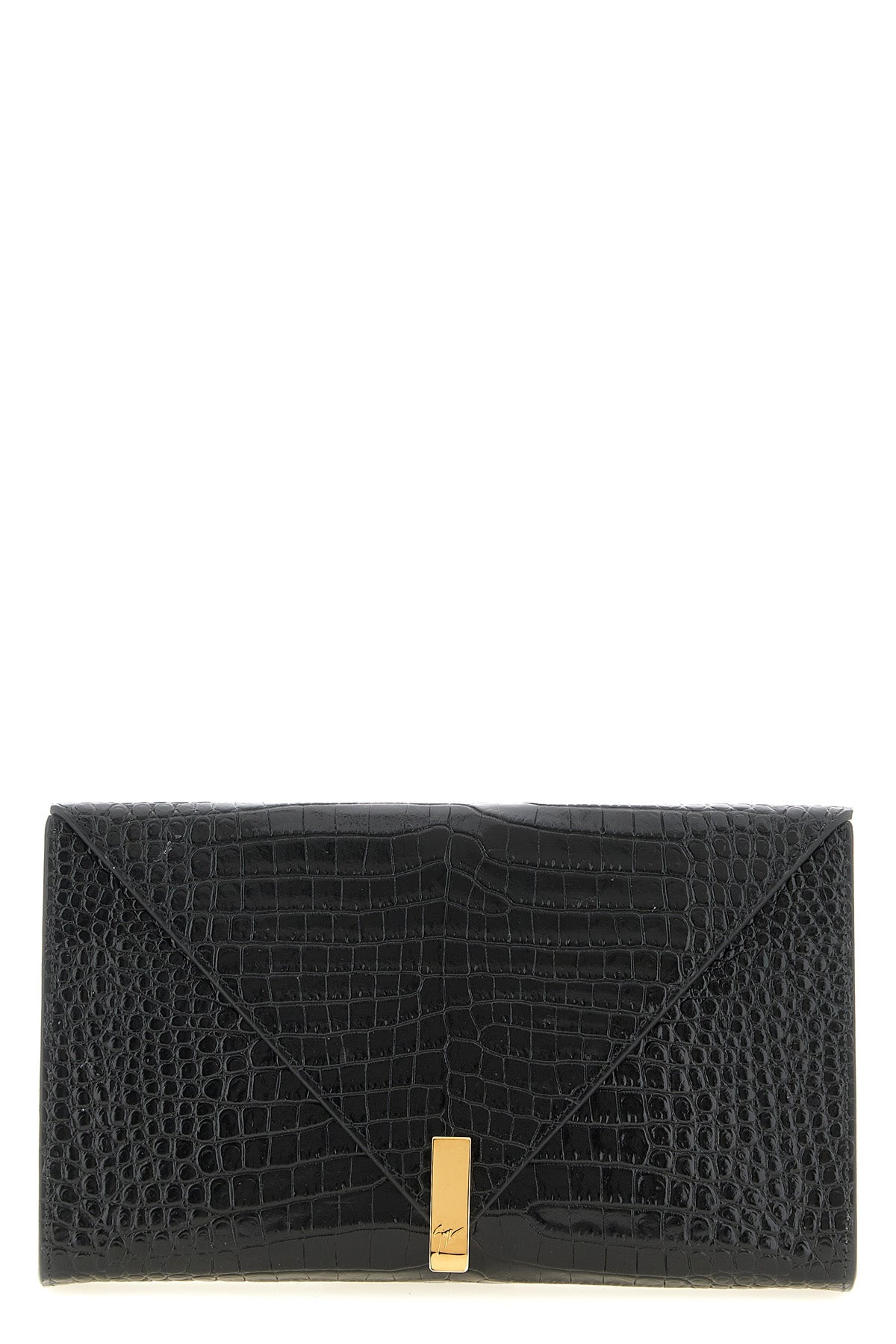 pouch-style clutch bag in shiny croc print leather