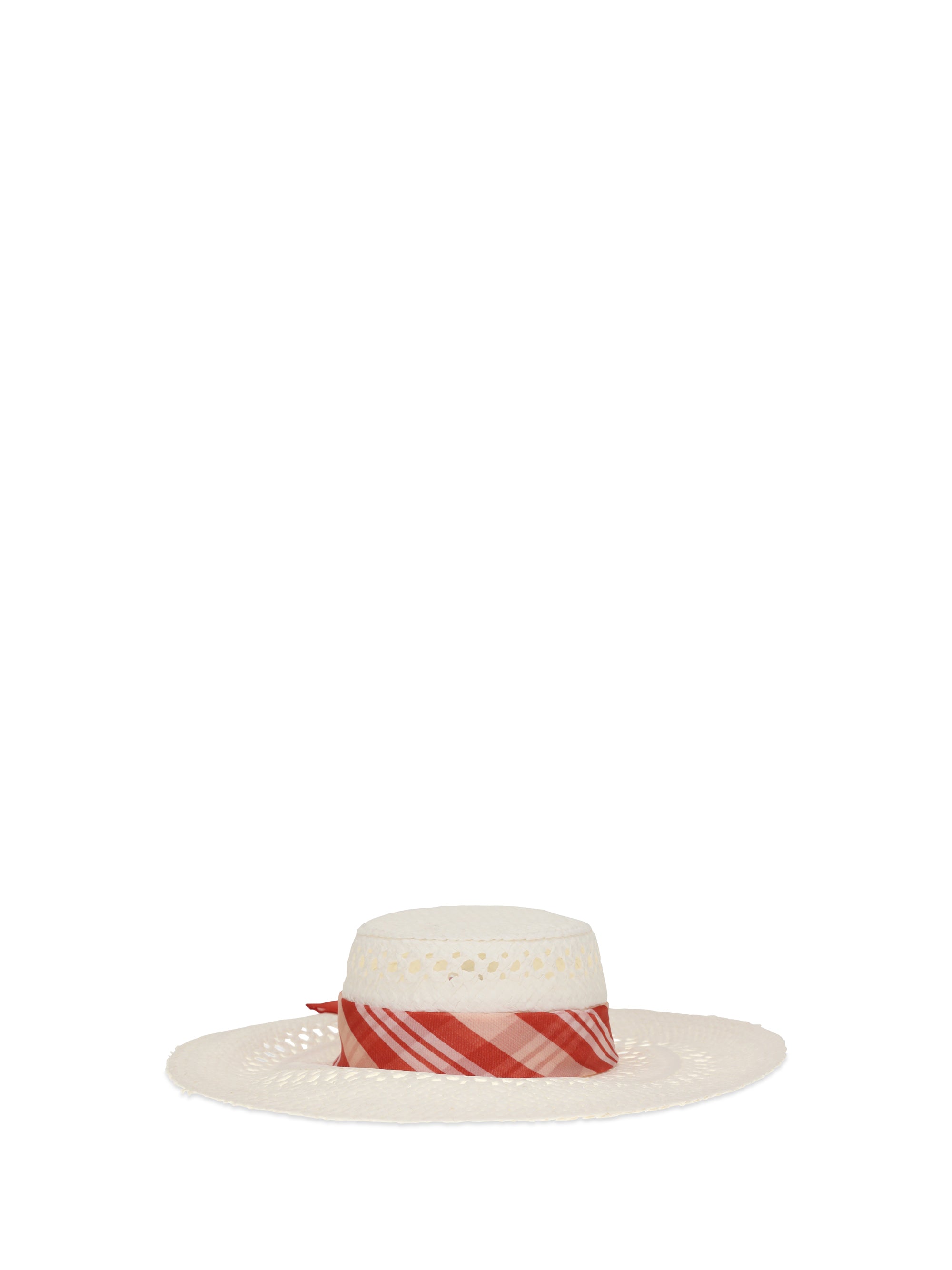 wide-brim hat with vichy print silk scarf