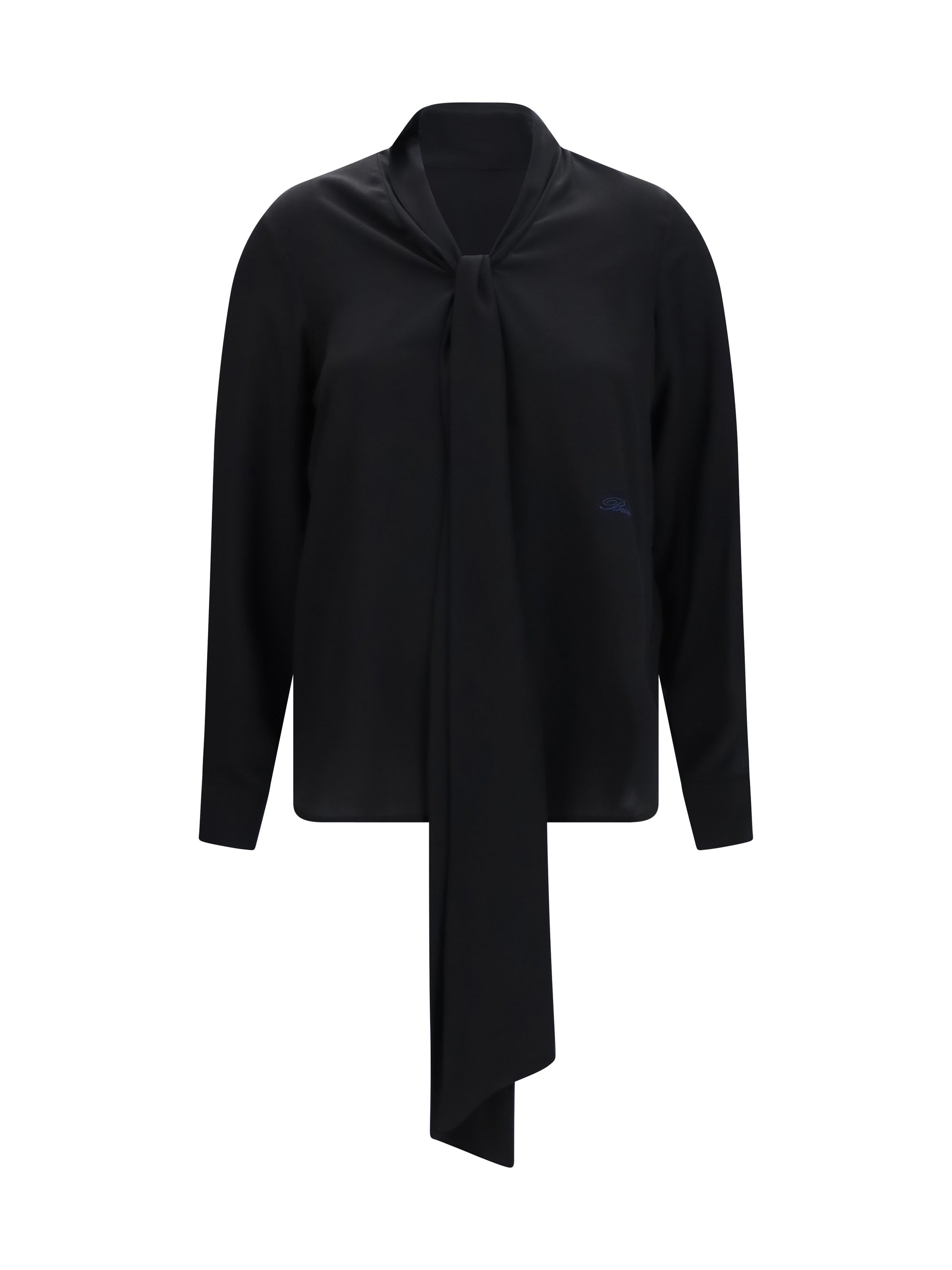 silk blouse with embroidered logo and scarf detail
