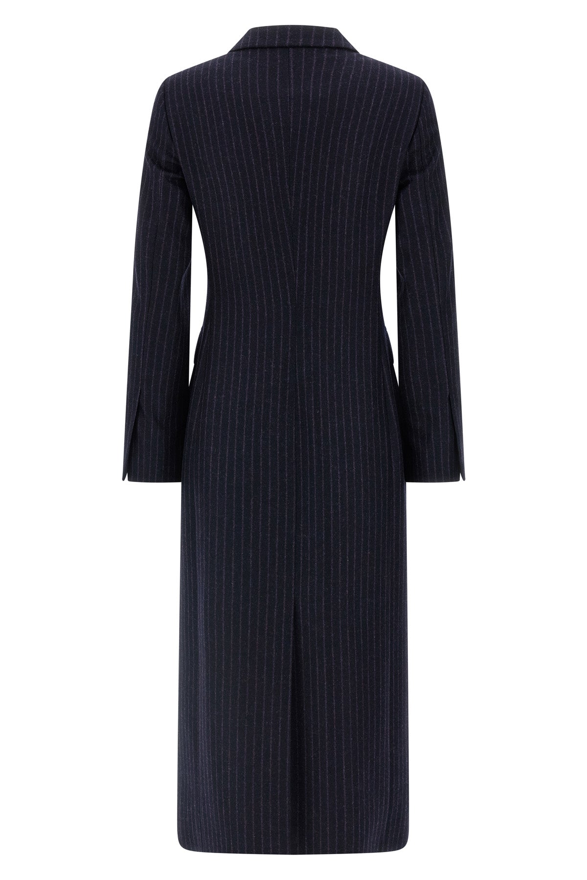 double-breasted long coat in cool pinstriped wool