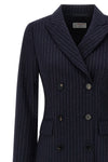 double-breasted long coat in cool pinstriped wool