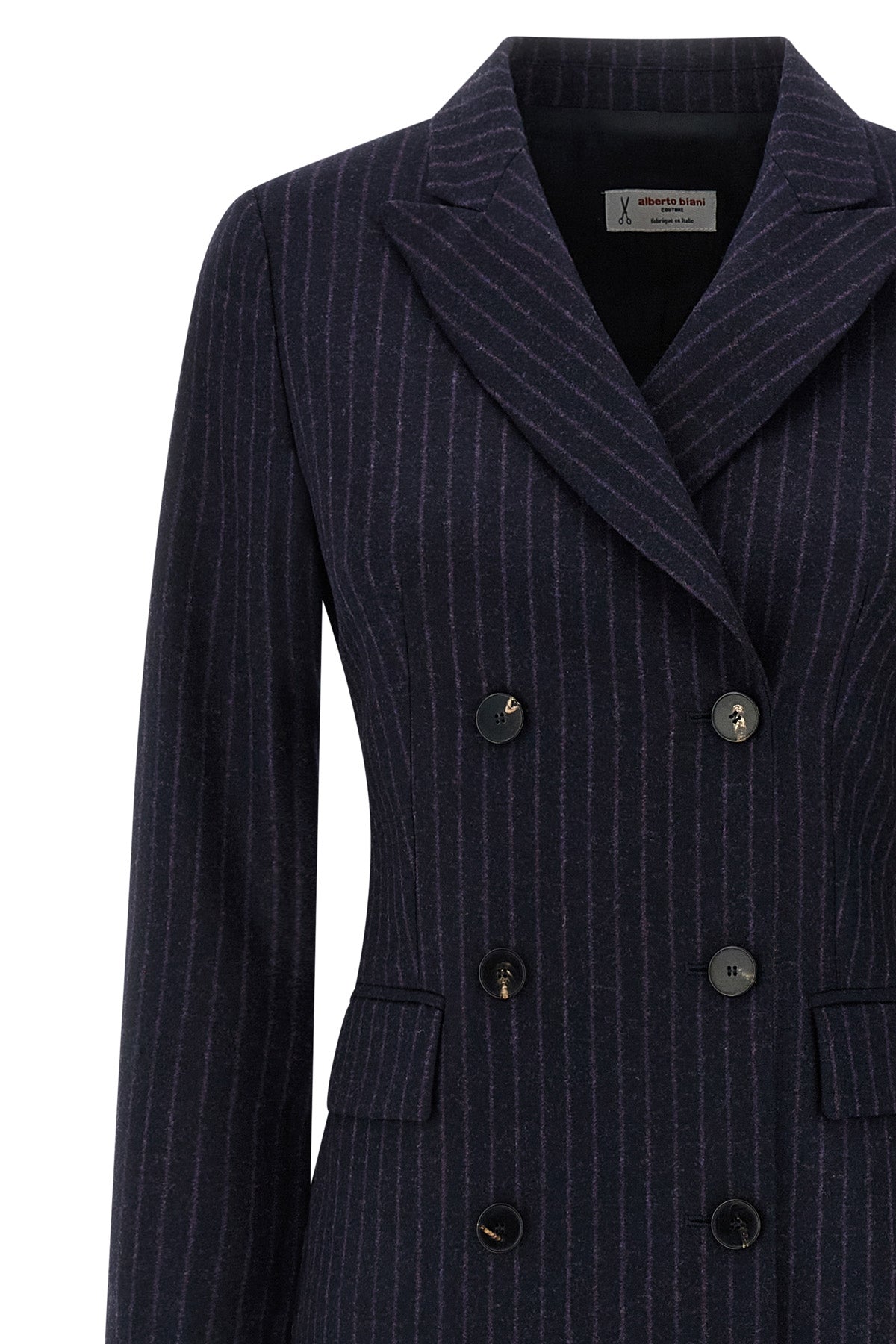double-breasted long coat in cool pinstriped wool
