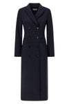 double-breasted long coat in cool pinstriped wool