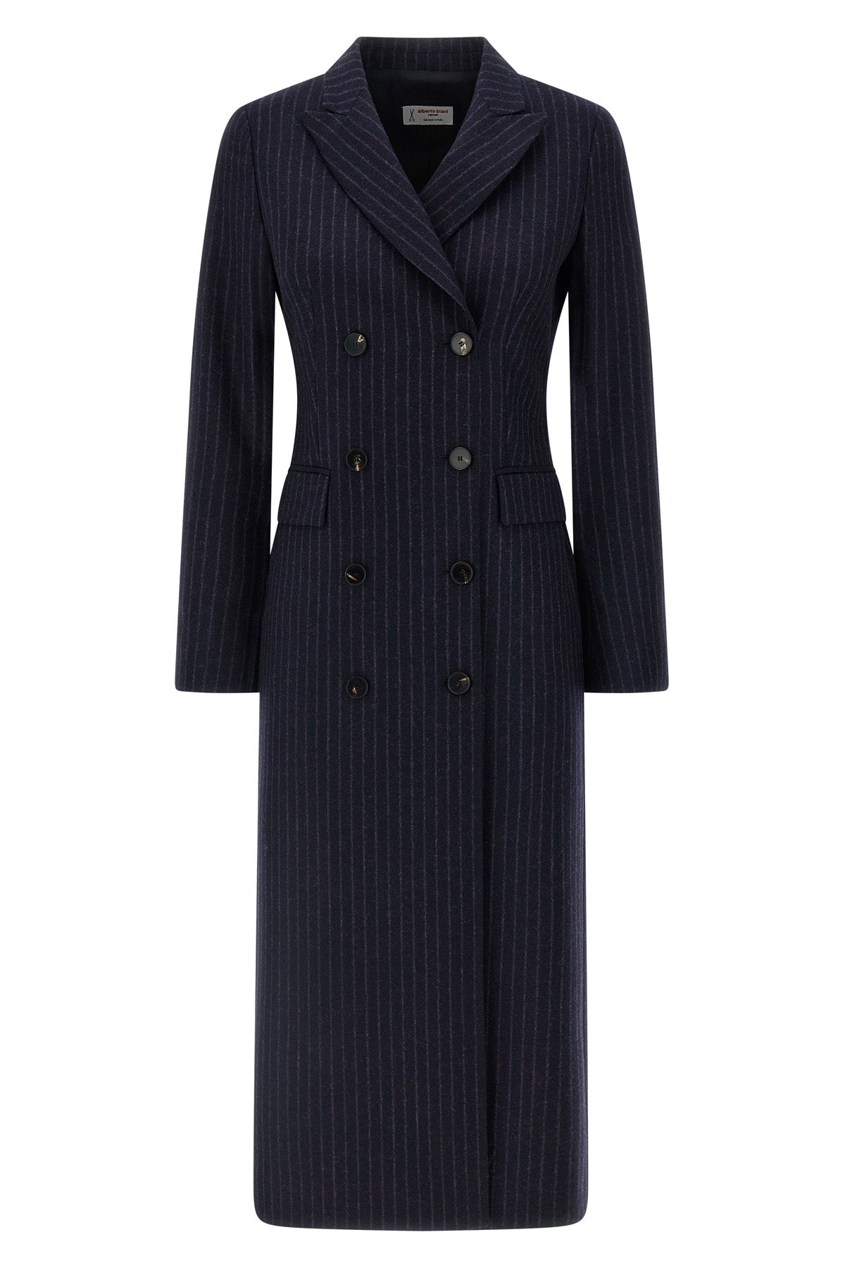 double-breasted long coat in cool pinstriped wool