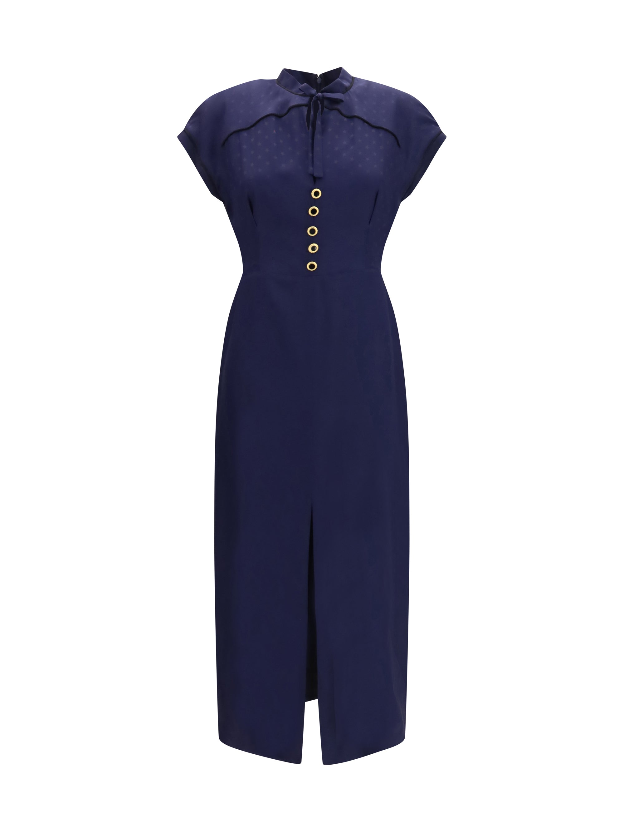silk midi dress with buttons and contrast piping