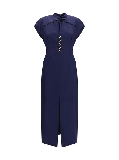 silk midi dress with buttons and contrast piping