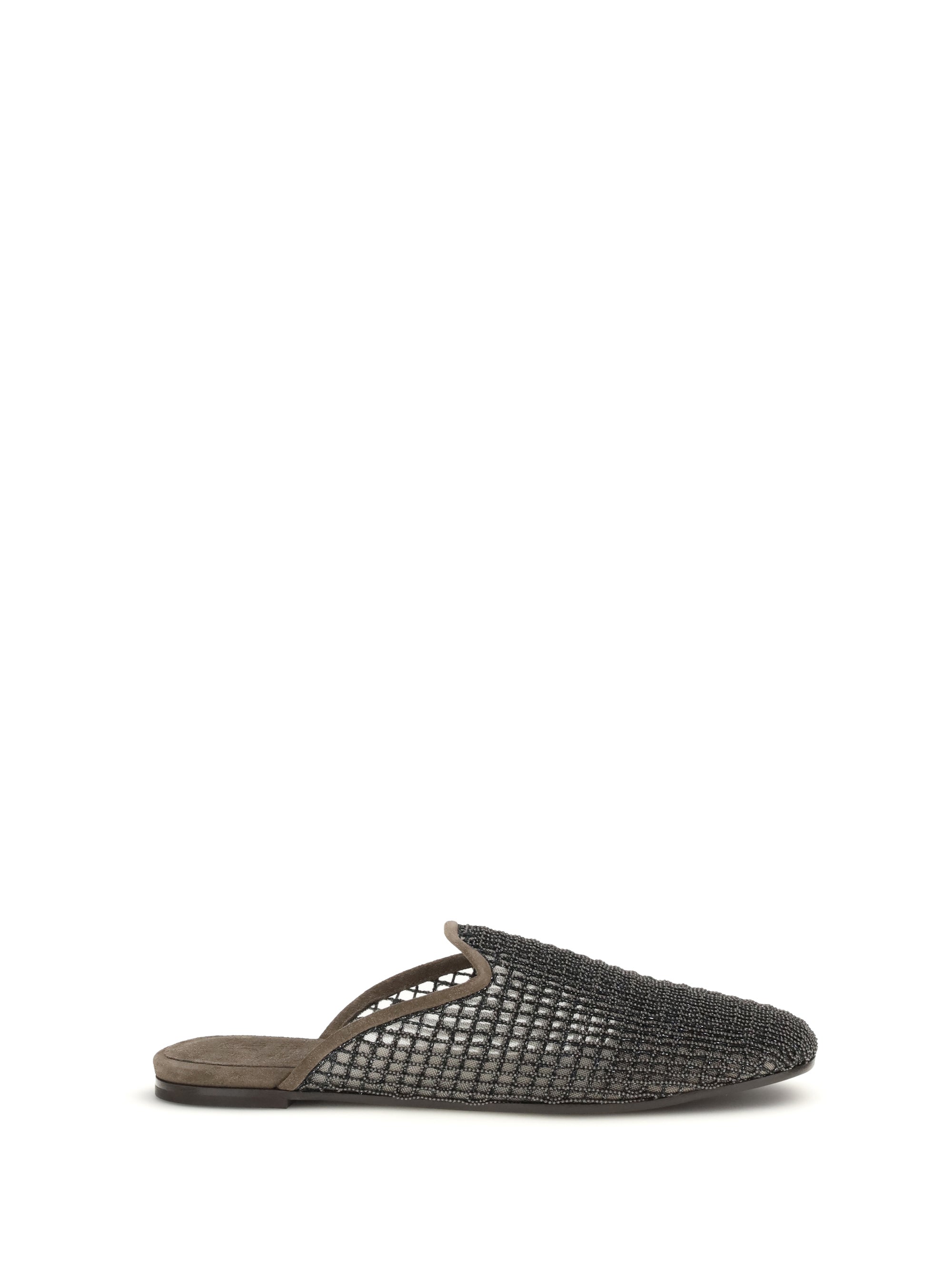 suede mules with precious net embroidery