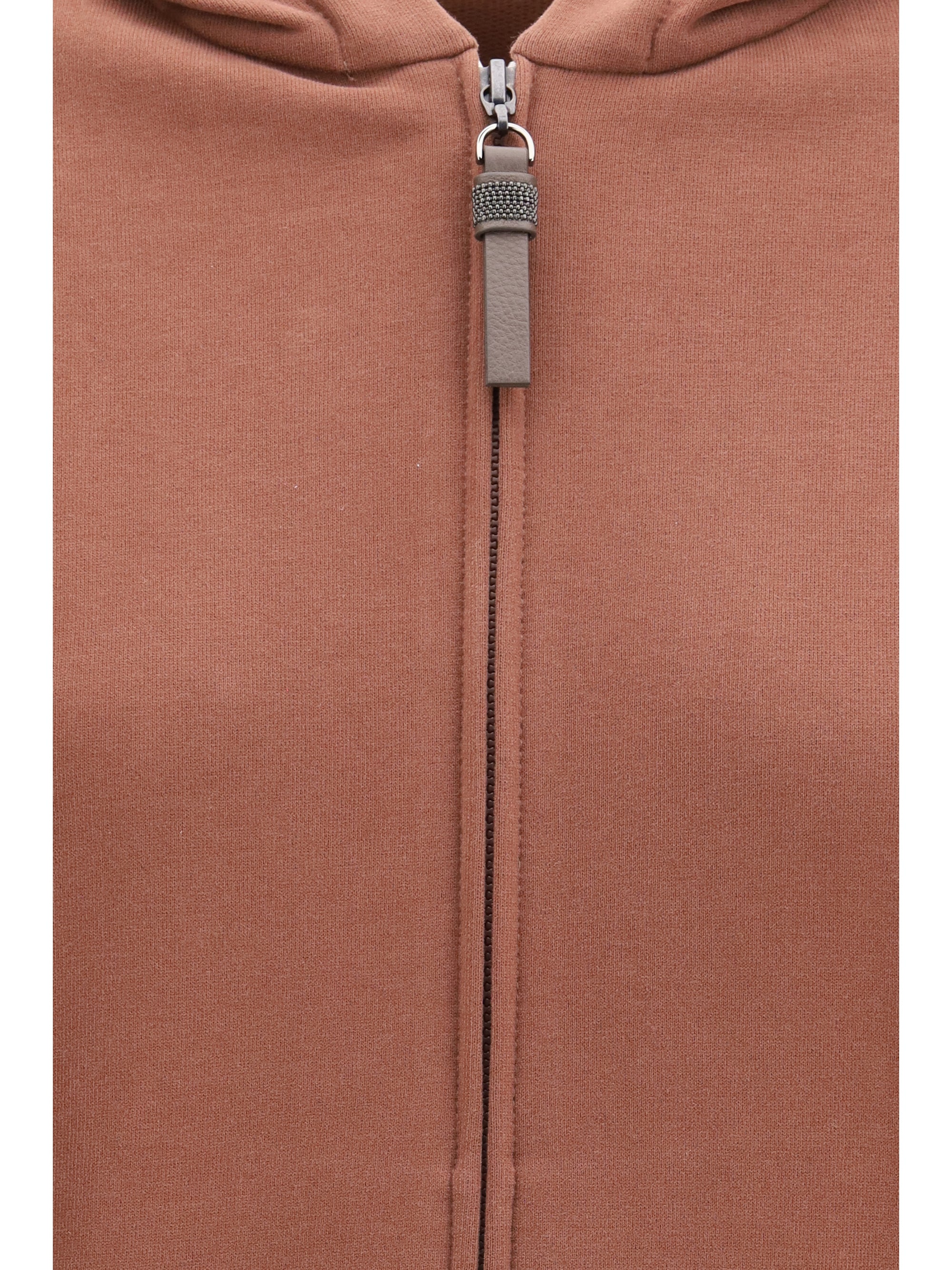 hooded smooth cotton sweatshirt with shiny zipper pull