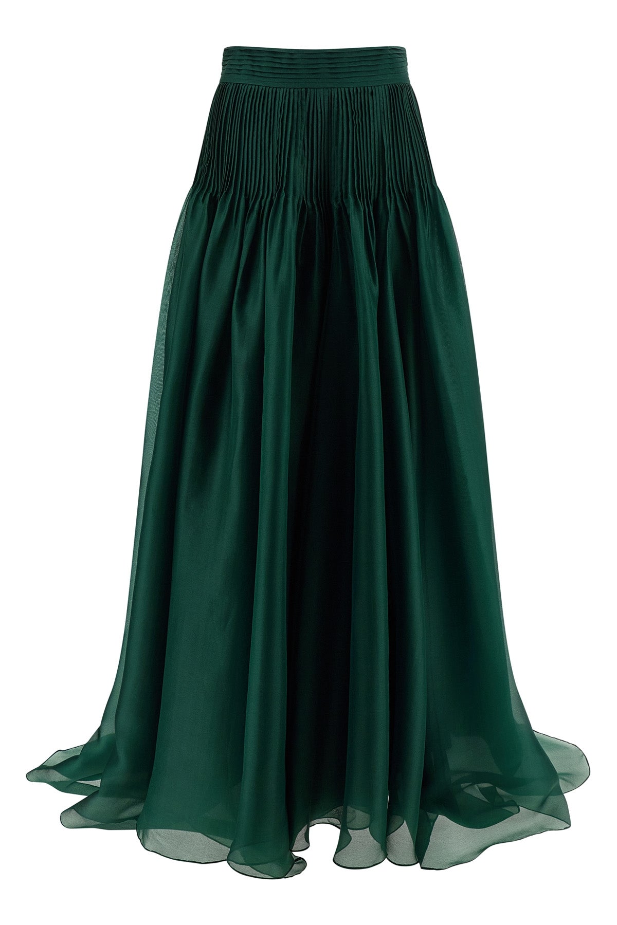 pintucked organza long skirt in transparent silk organza
