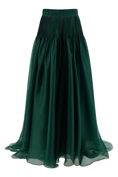 pintucked organza long skirt in transparent silk organza