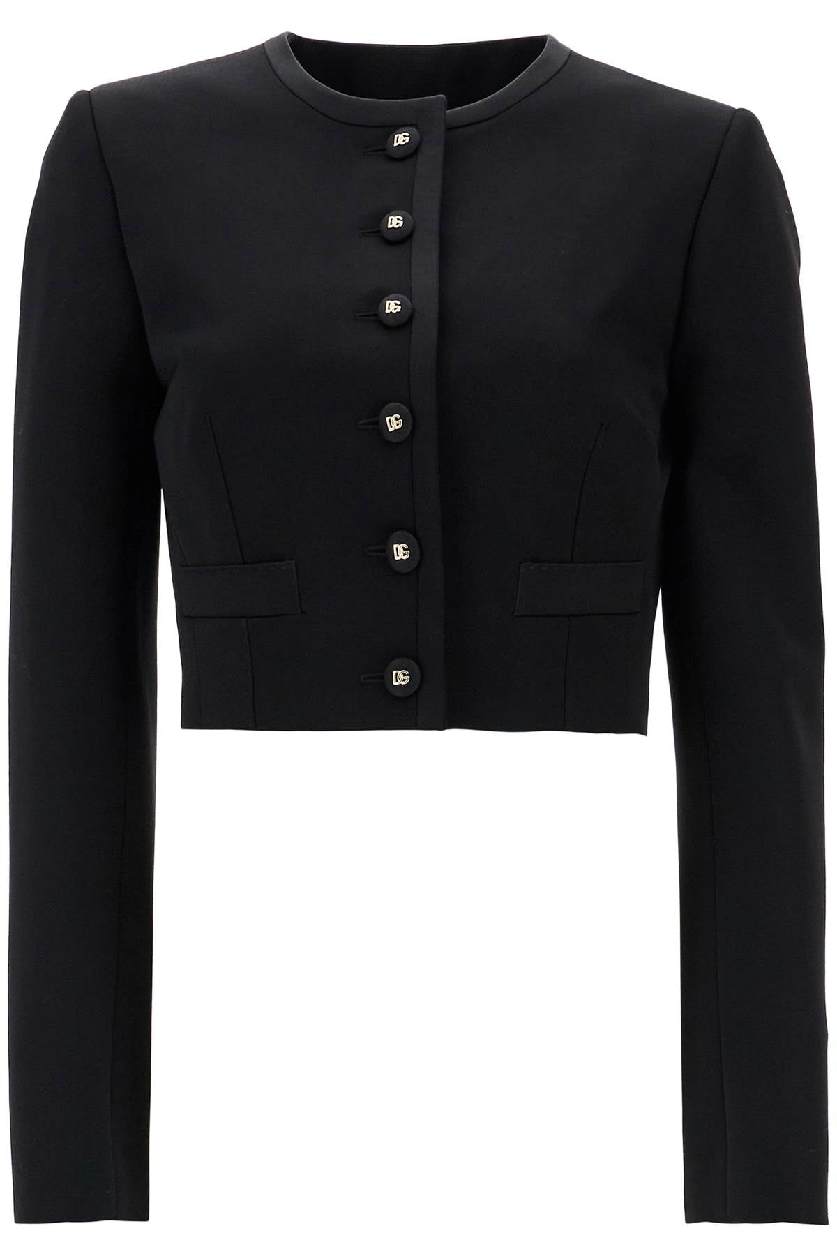 black wool blazer with logo buttons