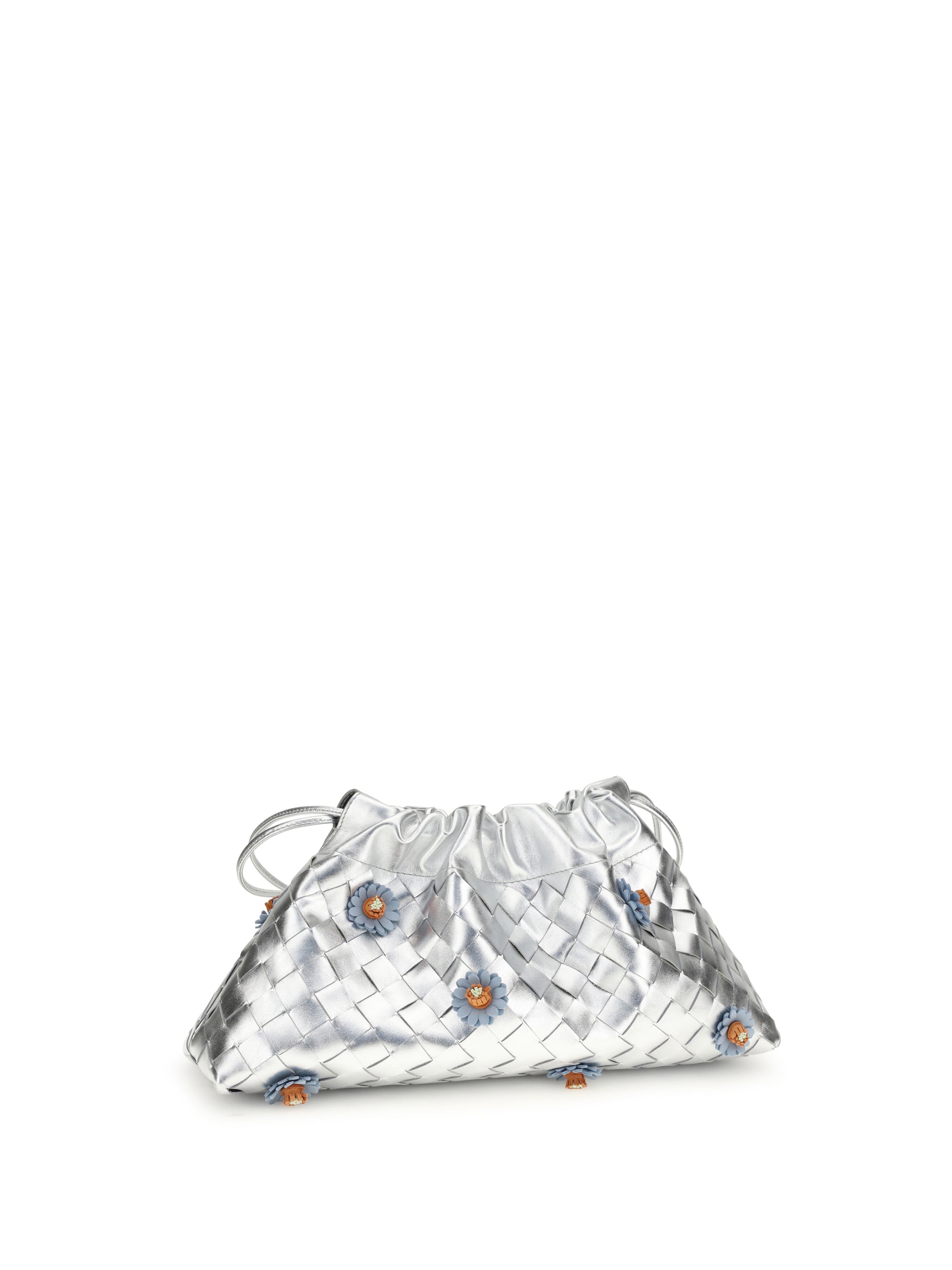 dustbag clutch bag with floral appliqués
