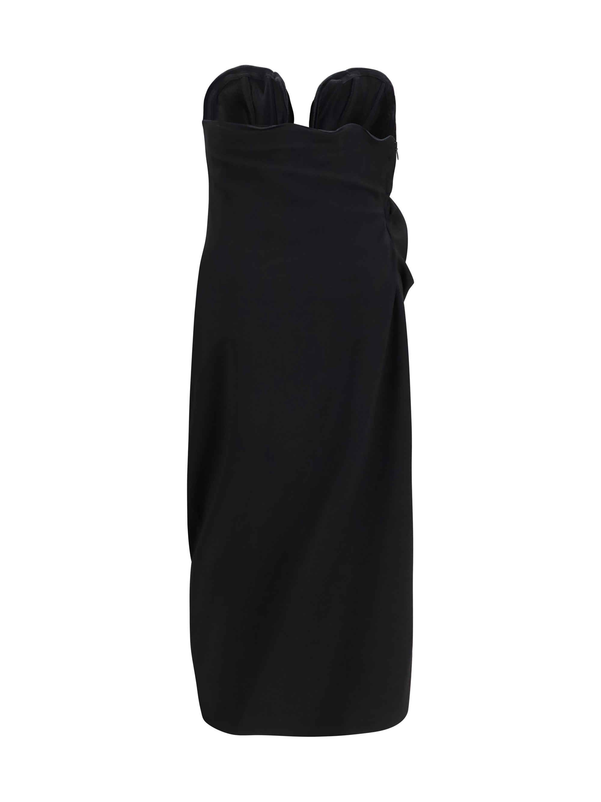 draped dress with sculptural floral details