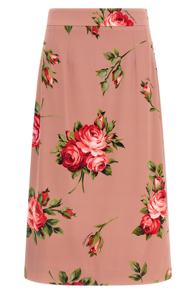 bouquet rose print silk midi skirt