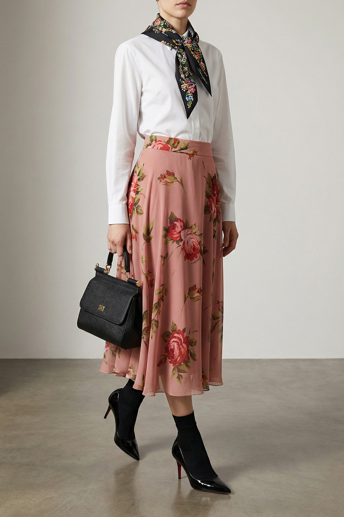 bouquet rose print chiffon midi skirt