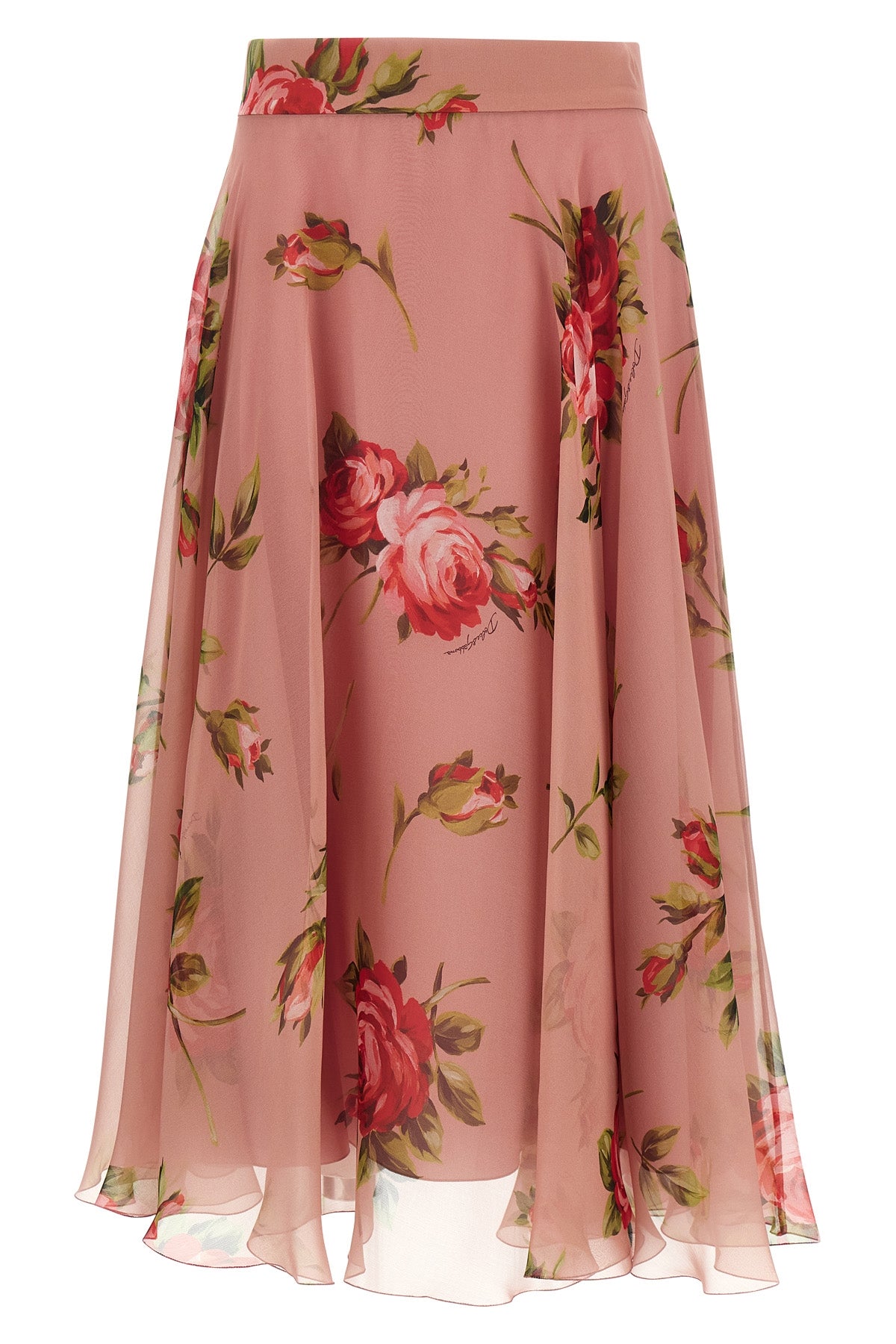 bouquet rose print chiffon midi skirt