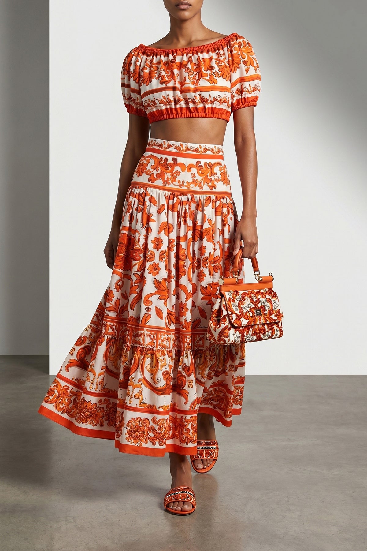 long skirt in maiolica print poplin