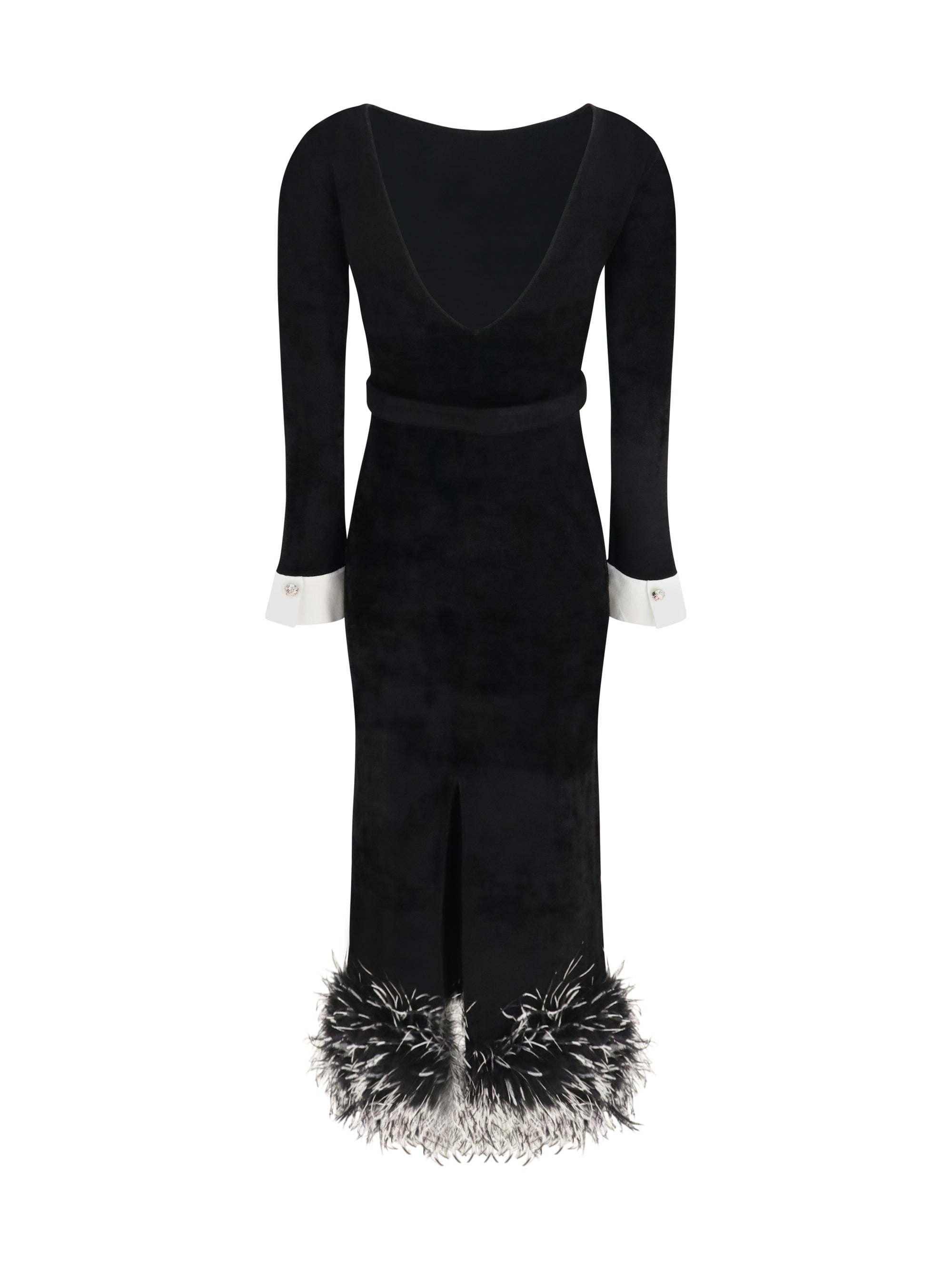 feather-trimmed chenille midi dress