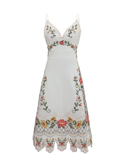 embroidered midi dress with asymmetrical hem