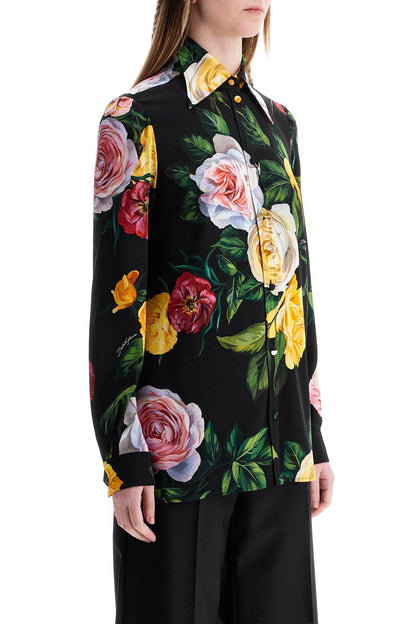 black silk shirt with multicolored roses and yellow buttons