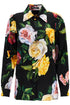 black silk shirt with multicolored roses and yellow buttons