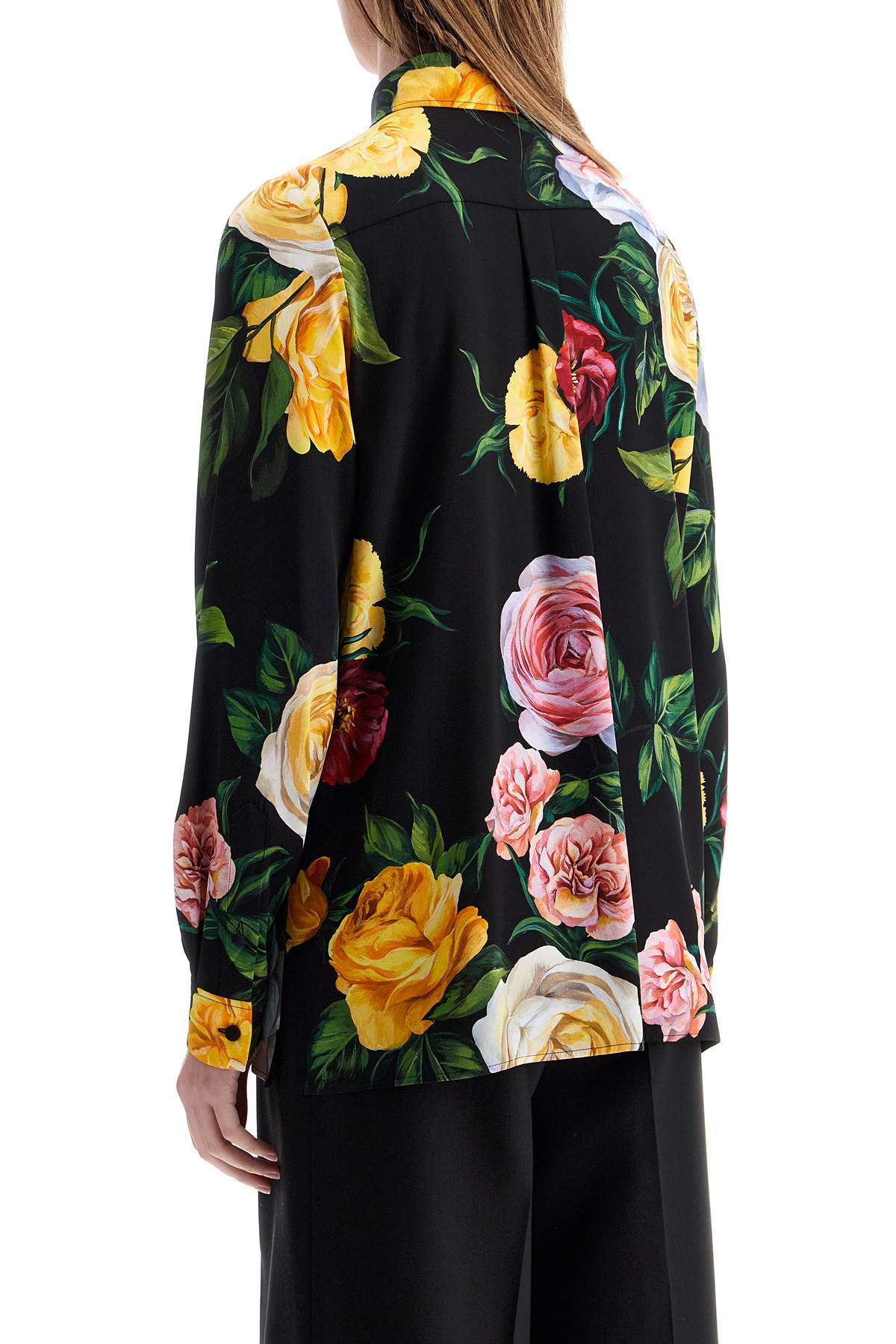 black silk shirt with multicolored roses and yellow buttons