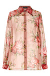 all-over bouquet rose print semi-transparent silk chiffon shirt