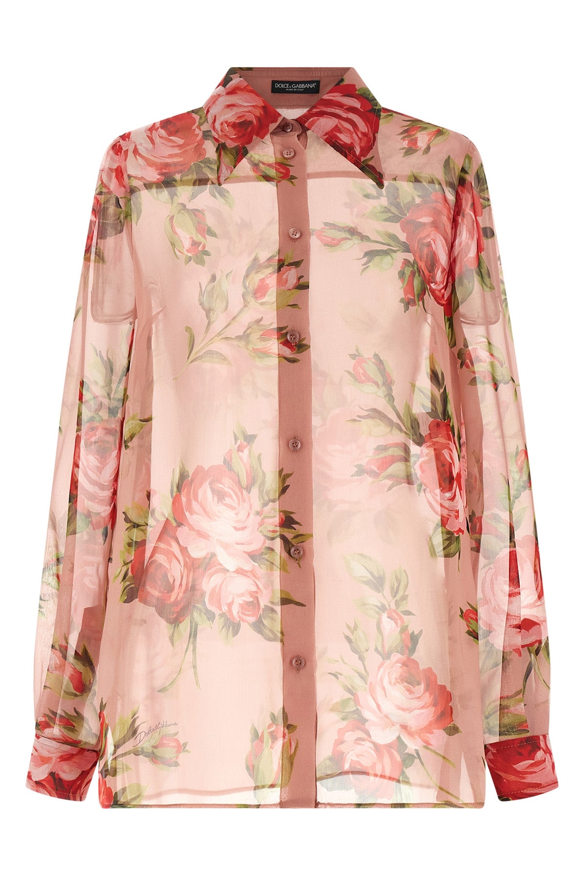 all-over bouquet rose print semi-transparent silk chiffon shirt