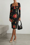 bouquet rose print satin midi dress