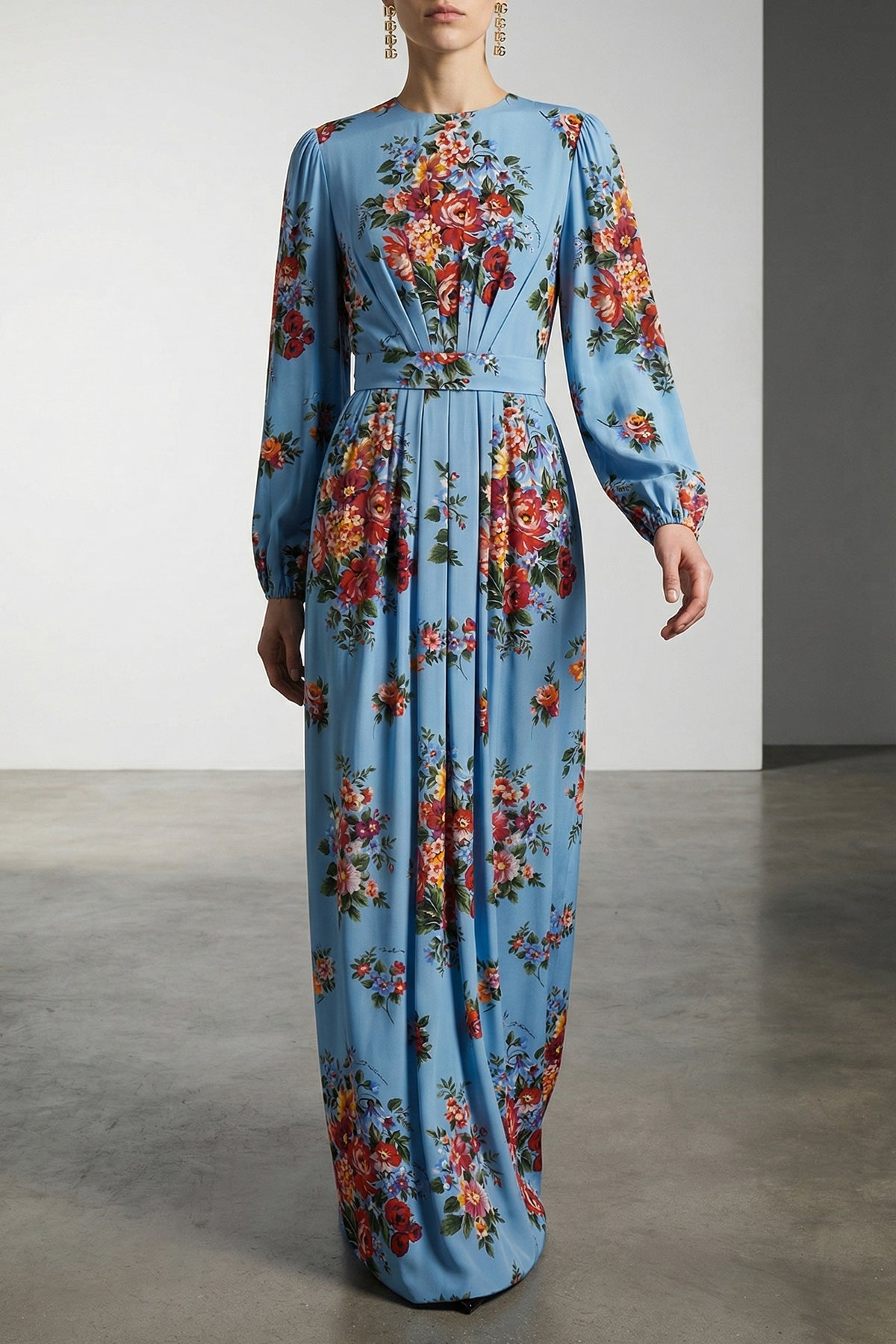 long dress in all-over mazzo di fiori print silk charmeuse