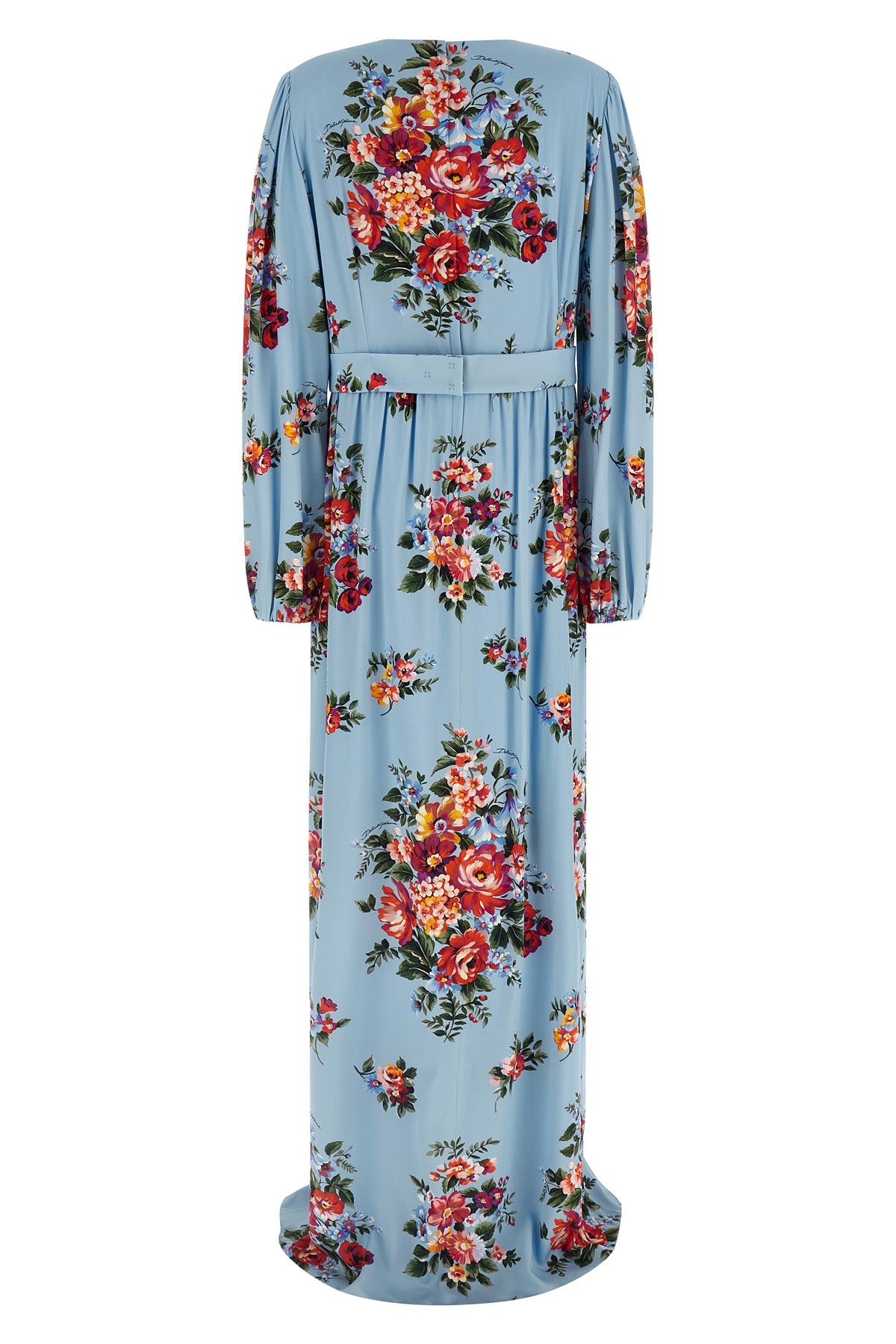 long dress in all-over mazzo di fiori print silk charmeuse