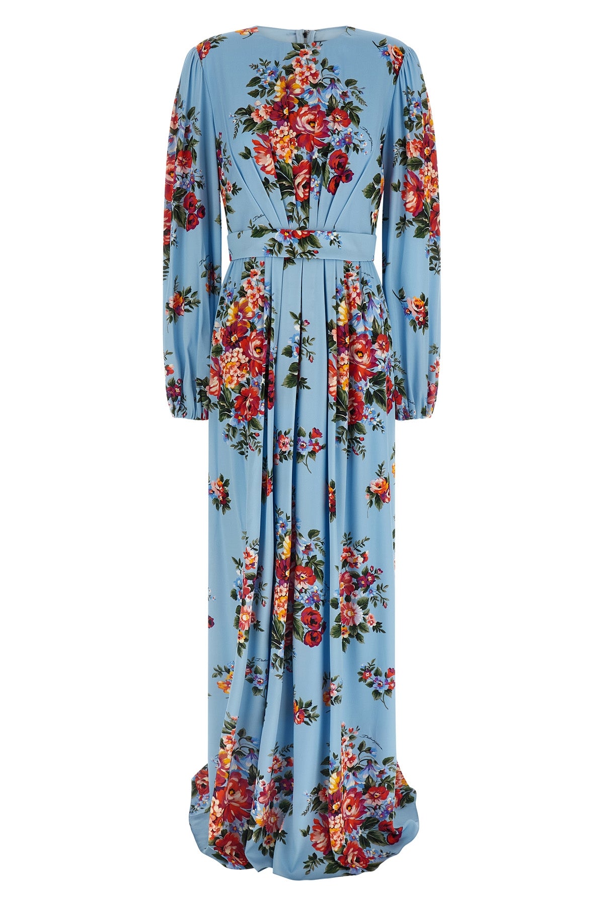 long dress in all-over mazzo di fiori print silk charmeuse