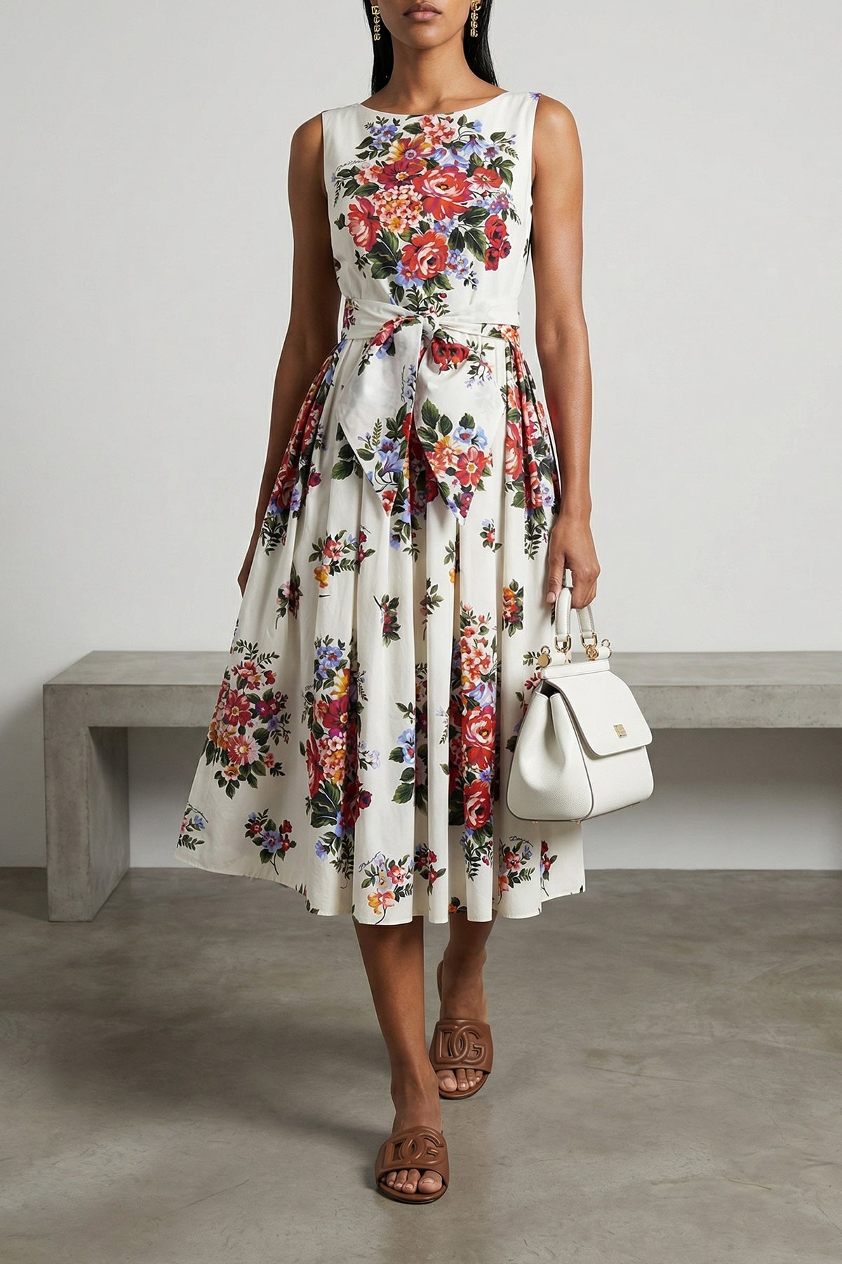 bouquet di fiori print cotton poplin midi dress