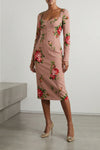 bouquet rose print silk midi dress