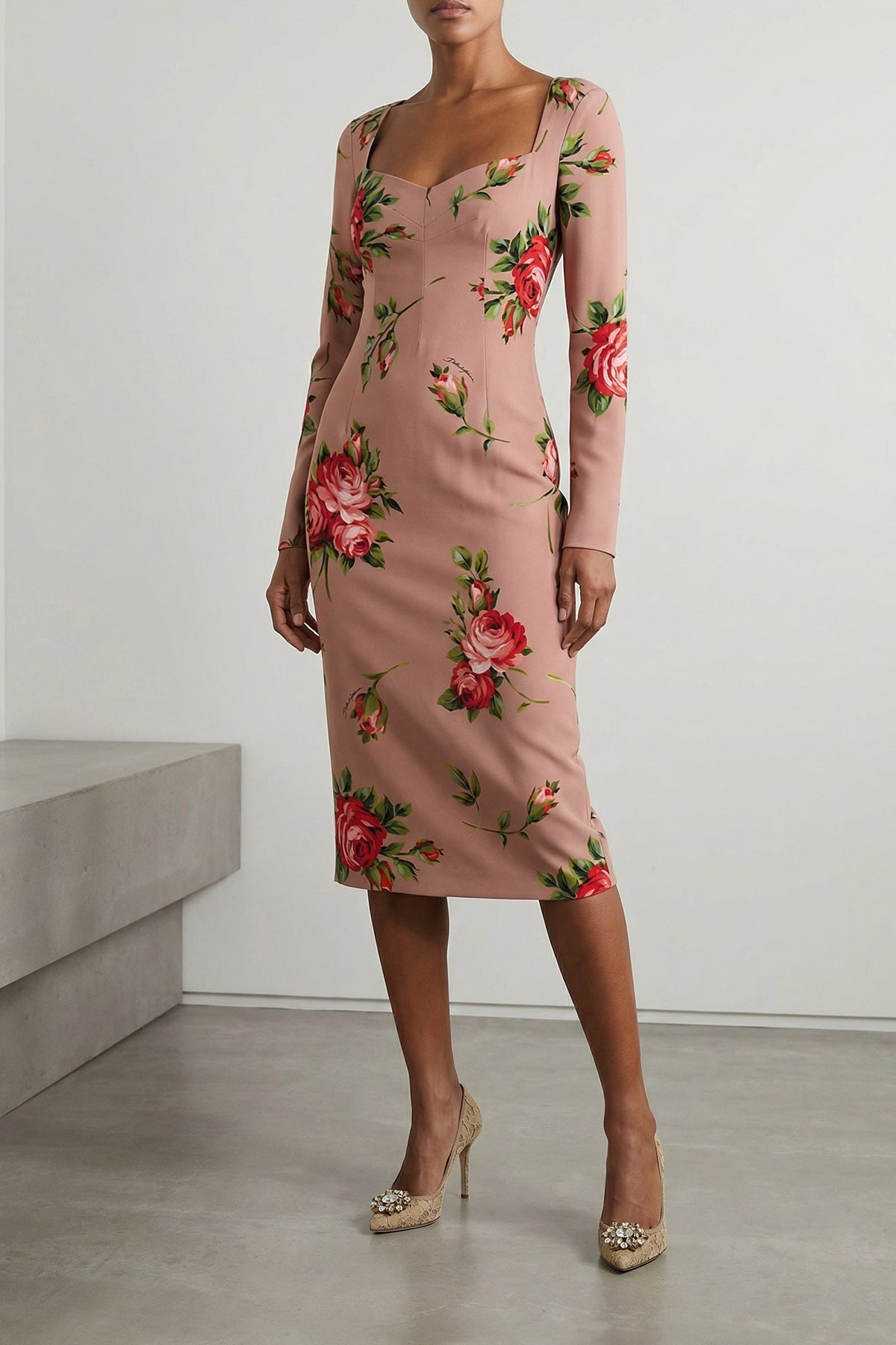 bouquet rose print silk midi dress