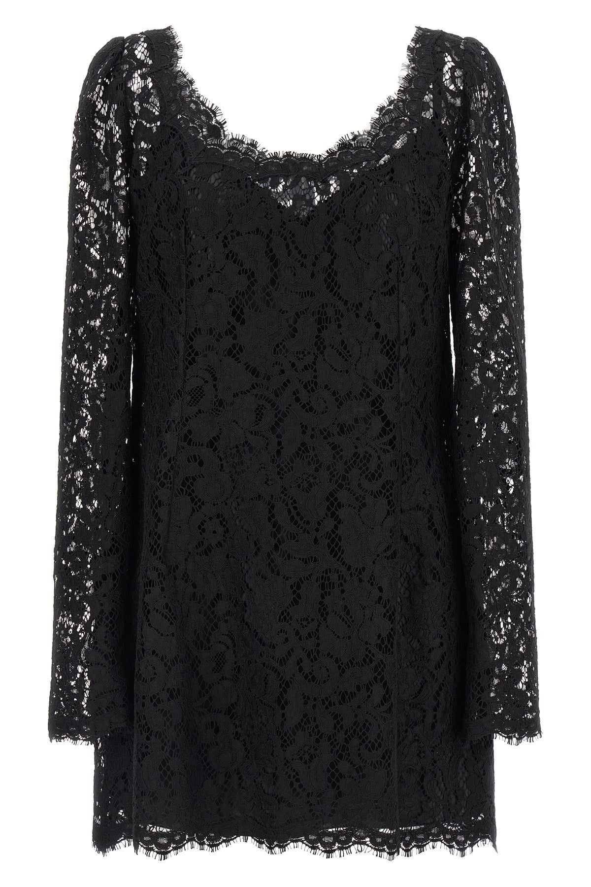the dolce&gabbana mini dress in black cordonetto lace defines a tight silhouette