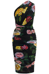 elegant black dress in polyamide with floral pattern for cocktails and evenings