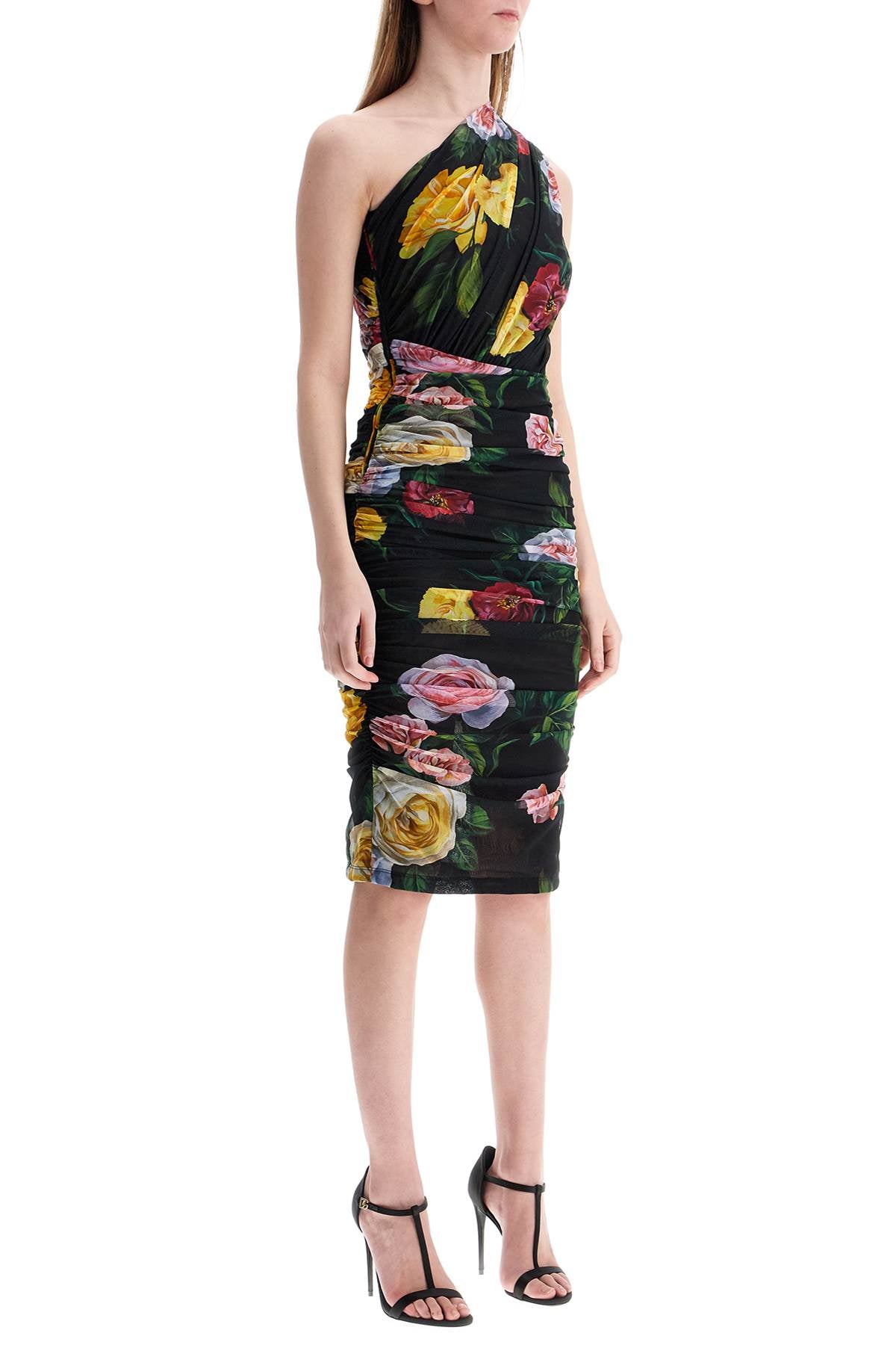 elegant black dress in polyamide with floral pattern for cocktails and evenings